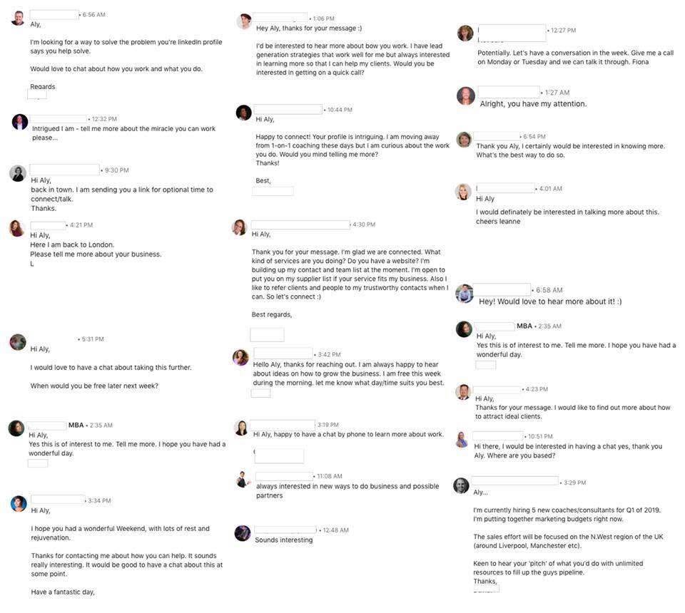 Wall of inbound messages from High-Ticket Business Owners