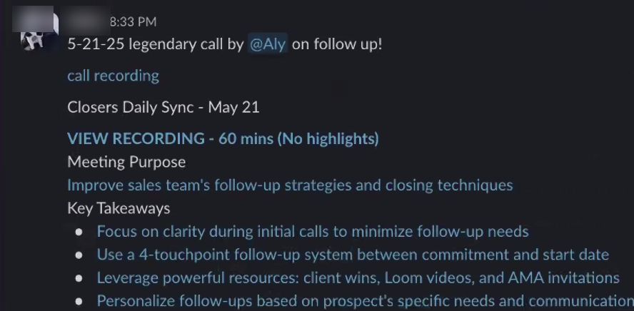 Internal sales channel: legendary follow-up call by Aly